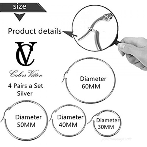 Calors Vitton 4 Pairs Stainless Steel Round Hoop Earrings for Women 15mm-60mm