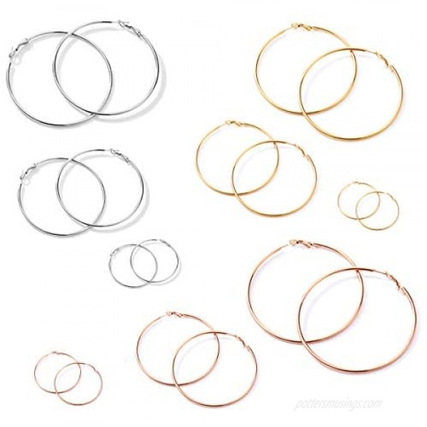 Cocamiky 9 Pairs Big Hoop Earrings Stainless Steel Hoop Earrings 14K Gold Plated Rose Gold Plated Silver for Women Girls