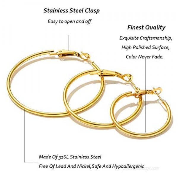 Cocamiky 9 Pairs Big Hoop Earrings Stainless Steel Hoop Earrings 14K Gold Plated Rose Gold Plated Silver for Women Girls