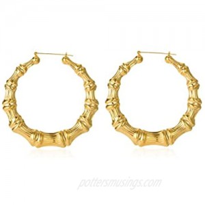 Culovity Large Bamboo Hoop Earring Hollow Casting Hip-Hop Statement Jewelry for Women Goldtone Silvertone