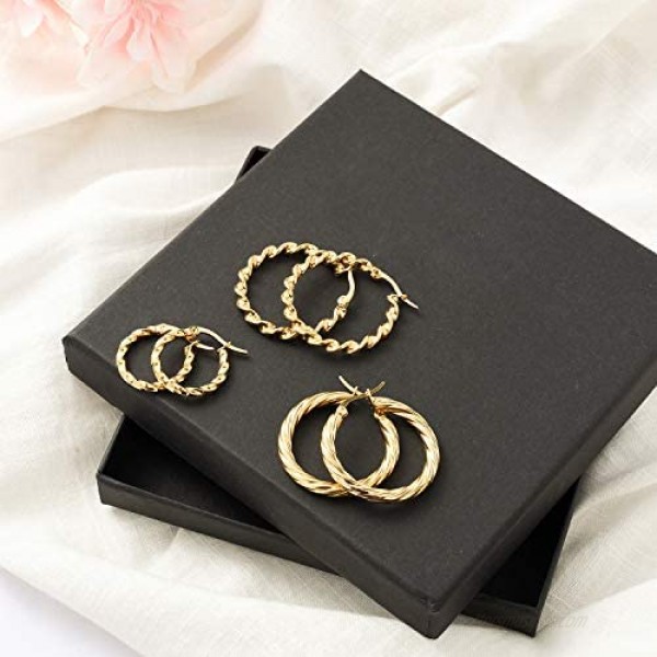 Difei 12 Pairs Gold Hoop Earrings Set Stainless Steel Twisted Round Small Chunky Hoop Earrings for Women Teen Girls