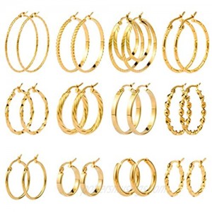 Difei 12 Pairs Gold Hoop Earrings Set Stainless Steel Twisted Round Small Chunky Hoop Earrings for Women Teen Girls