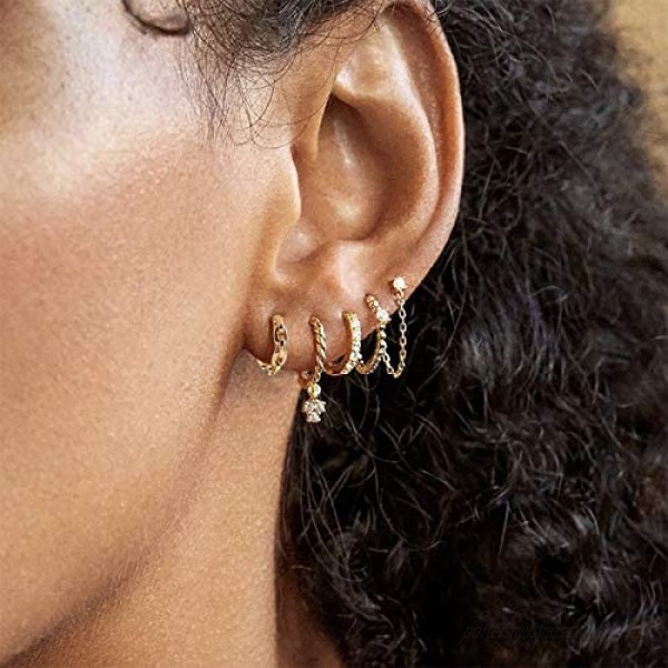 Erpels Gold Huggie Hoop Earring Set Small Hoop Earrings Cubic Zirconia Chain Hoop Earrings for Women Girls