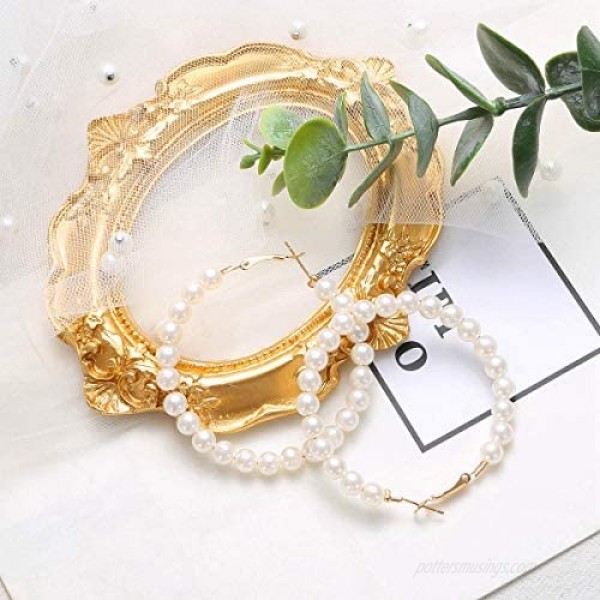 Florideco 4 Pairs 55-77MM Faux Pearl Huge Hoop Earrings for Women Lightweight Open Large Circle Round Beaded Earrings Brides Jewelry