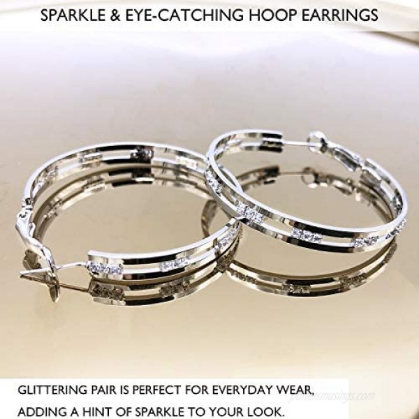 GANADARA Cubic Zirconia Hoop Earrings for Women - 14K Gold Plated 925 Sterling Silver Shiny Wide Round Hoop Earrings