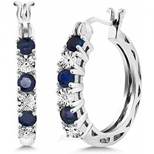 Gem Stone King 925 Sterling Silver Blue Sapphire and White Lab Grown Diamond Accent Women's Hoop Earrings (0.83 Cttw  22MM = 0.85 Inches Diameter)
