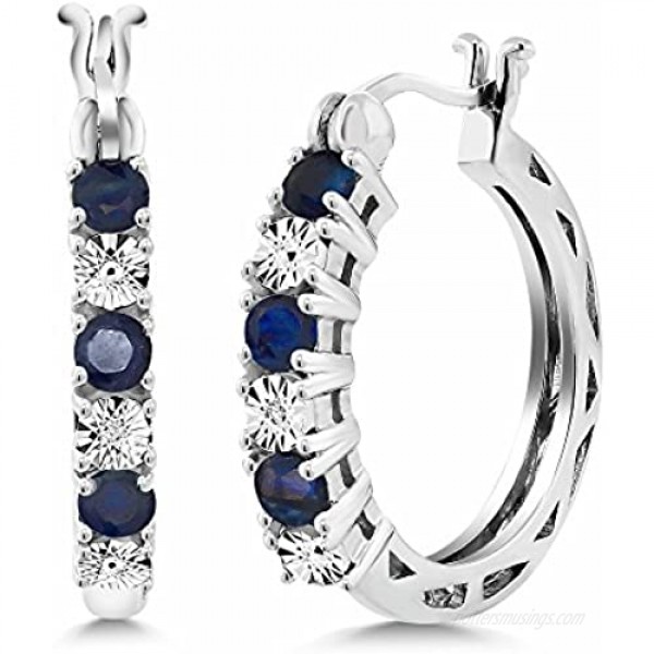 Gem Stone King 925 Sterling Silver Blue Sapphire and White Lab Grown Diamond Accent Women's Hoop Earrings (0.83 Cttw 22MM = 0.85 Inches Diameter)