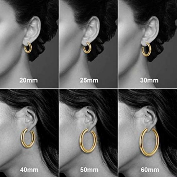 Hoop Earrings for Women - 14K Gold Plated Lightweight Chunky Open Hoops 316L Surgical Stainless Steel Post Thick Hoop Earrings Gold/White Gold/Rose Gold Hoop Earrings for Women 20/25/30/40/50/60mm
