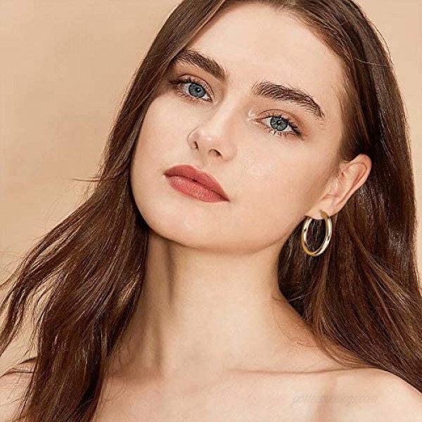 Hoop Earrings for Women - 14K Gold Plated Lightweight Chunky Open Hoops 316L Surgical Stainless Steel Post Thick Hoop Earrings Gold/White Gold/Rose Gold Hoop Earrings for Women 20/25/30/40/50/60mm