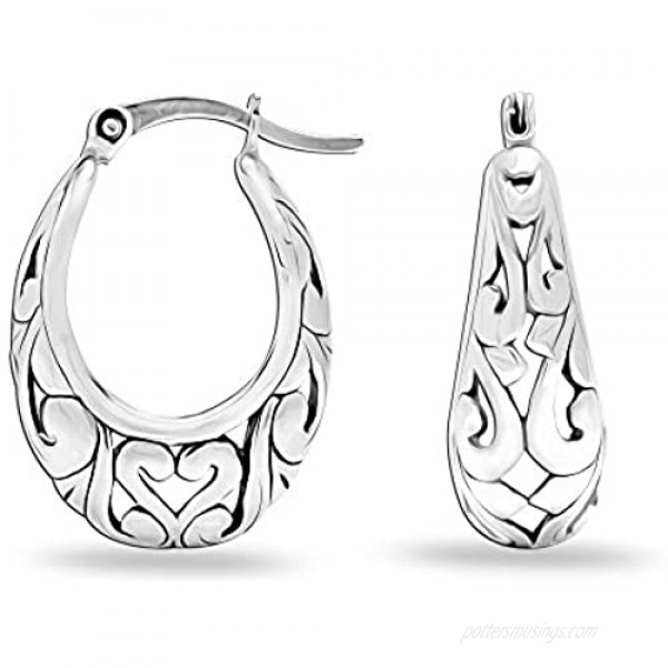 LeCalla Sterling Silver Jewelry Filigree Hoop Earring for Women