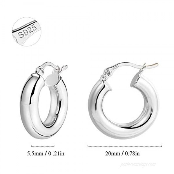 Lightweight Chunky Hoop Earrings | Classic Thick Shiny Polished Round-Tube Hoop Earrings with 925 Sterling Silver Post for Women Girls Gift
