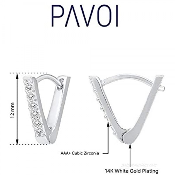 PAVOI 14K Gold Plated Sterling Silver Post V-Shaped Huggie Earrings - Cubic Zirconia Studded Small Hoop Earrings for Women in Rose Gold White Gold and Yellow Gold Plating