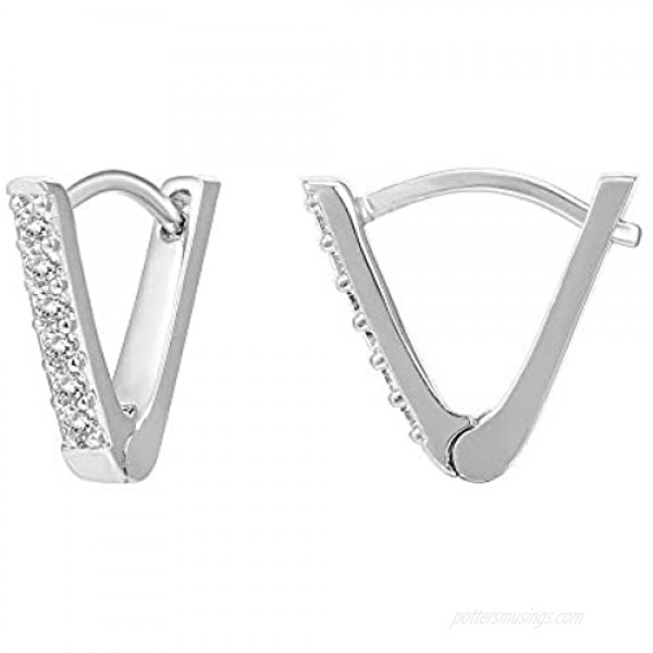 PAVOI 14K Gold Plated Sterling Silver Post V-Shaped Huggie Earrings - Cubic Zirconia Studded Small Hoop Earrings for Women in Rose Gold White Gold and Yellow Gold Plating