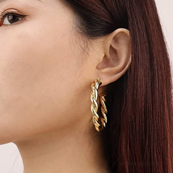 Reoxvo Gold Twisted Hoop Earrings for Women 18K Gold Plated Hollow Chunky Hoop Earrings for Women Thick Twisted Gold Hoops Availiable in 30mm/50mm