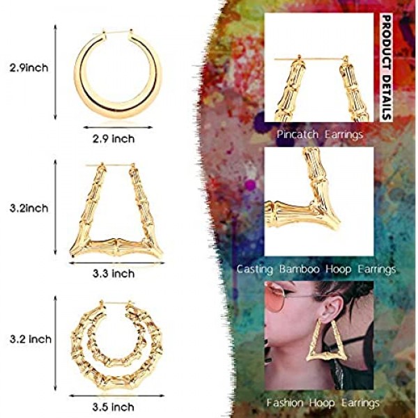 sailimue 8 Pairs Bamboo Earrings for Women Large Different Shape Bamboo Hoop Earrings Set Chunky Silver Gold Big Hoop Earring Hip-Pop Style Fashion Custom Jewelry Party Accessory