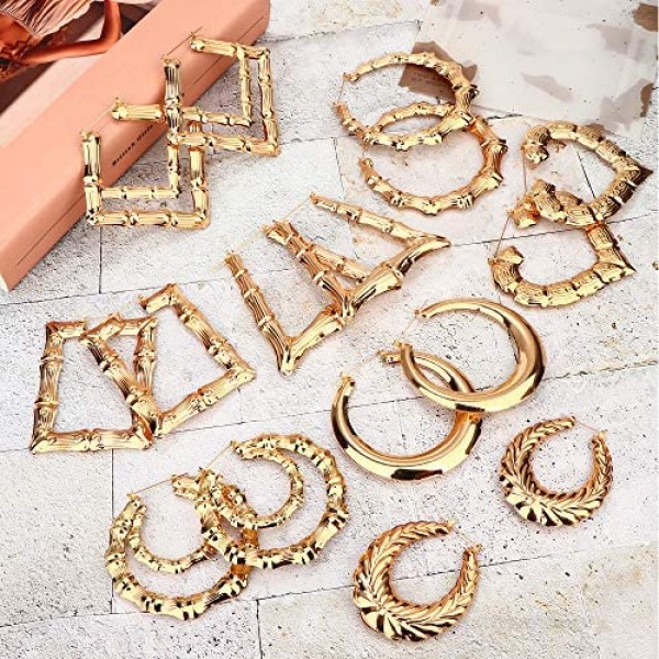 sailimue 8 Pairs Bamboo Earrings for Women Large Different Shape Bamboo Hoop Earrings Set Chunky Silver Gold Big Hoop Earring Hip-Pop Style Fashion Custom Jewelry Party Accessory