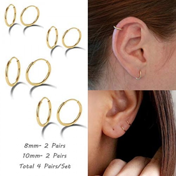 Silver Hoop Earrings- Cartilage Earring Small Hoop Earrings for Women Men Girls 4 Pairs of Hypoallergenic 925 Sterling Silver Tragus Earrings(8mm/10mm/12mm/14mm)