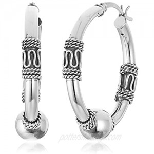 Sterling Silver Balinese Beaded Hoop Earrings (29mm)