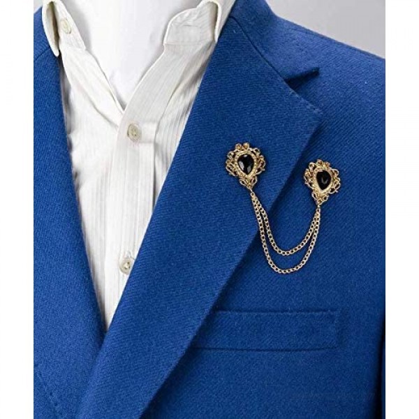 A N KINGPiiN Black Stone and Gold Engraving Chain Lapel Pin Brooch Suit Stud Shirt Studs Men's Accessories