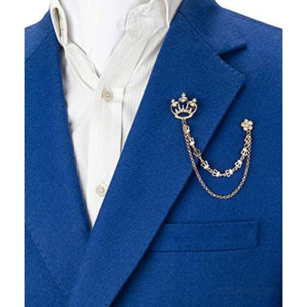 A N KINGPiiN Lapel Pin for Men Elegant Golden Crown with Stone Detailing Hanging Chain Metal Brooch Costume Pin Suit Stud Shirt Studs Men's Accessories