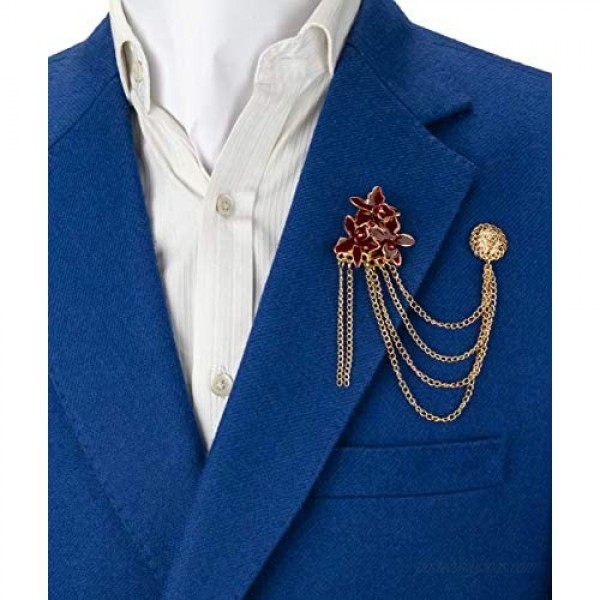 A N KINGPiiN Lapel Pin for Men Maroon and Gold Flowers with Hanging Chain and Abstract Detailing Brooch Costume Pin Shirt Studs Men's Accessories