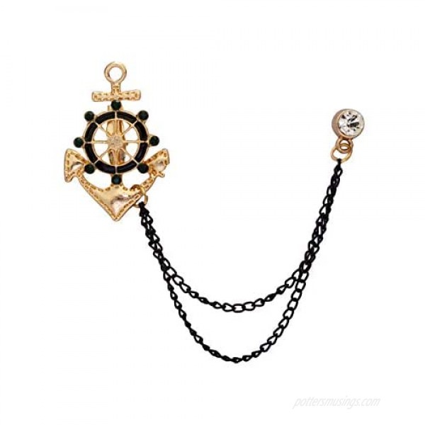 AN KINGPiiN Lapel Pin for Men Anchor Rudder Ships Wheel Nautical with Hanging Chain Brooch Suit Stud Shirt Studs Men's Accessories (Black)