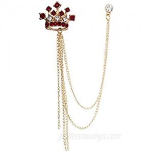 an KINGPiiN Lapel Pin for Men Crowned Stone with Hanging Chain Brooch Costume Pin Suit Stud  Shirt Studs Men's Accessories Collar Pin (Gold Maroon)