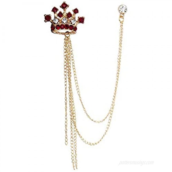 an KINGPiiN Lapel Pin for Men Crowned Stone with Hanging Chain Brooch Costume Pin Suit Stud Shirt Studs Men's Accessories Collar Pin (Gold Maroon)