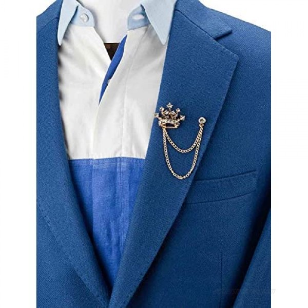 AN KINGPiiN Lapel Pin for Men Crystal Crown Badge with Hanging Chain Brooch Suit Stud Shirt Studs Men's Accessories