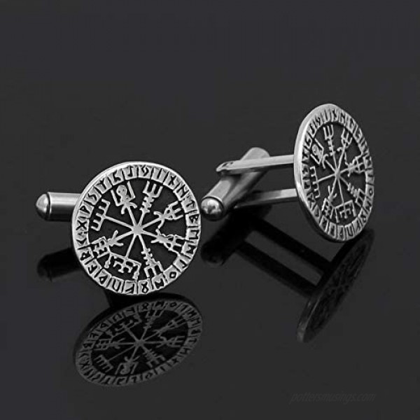 GuoShuang Stainless Steel Nordic Viking Rune Compass Amulet Cufflinks Small Size with Valknut Gift Bag
