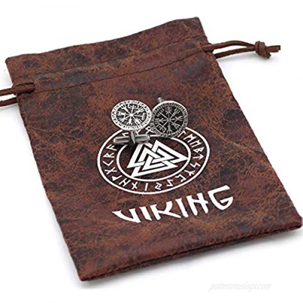 GuoShuang Stainless Steel Nordic Viking Rune Compass Amulet Cufflinks Small Size with Valknut Gift Bag