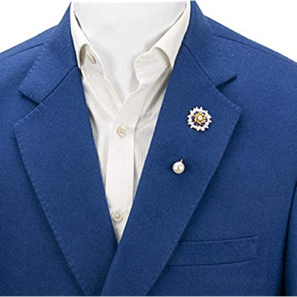 Knighthood Flower with Pearl Detailing Lapel Pin (White Blue and Yellow)