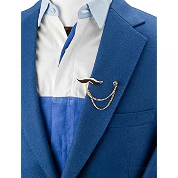 Knighthood Golden Moustache with Stone Hanging Chain Lapel Pin Badge Coat Suit Collar Accessories Brooch for Men