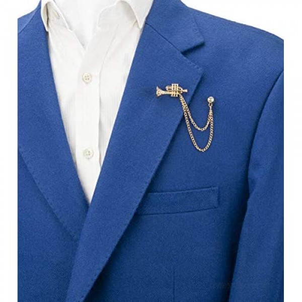 Knighthood Golden Trumpet with Hanging Chain Lapel Pin Badge Coat Suit Wedding Gift Party Shirt Collar Accessories Brooch for Men