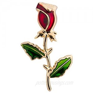 Knighthood Men's Red Rose Stem with Green Leaves Lapel Pin/Brooch Golden