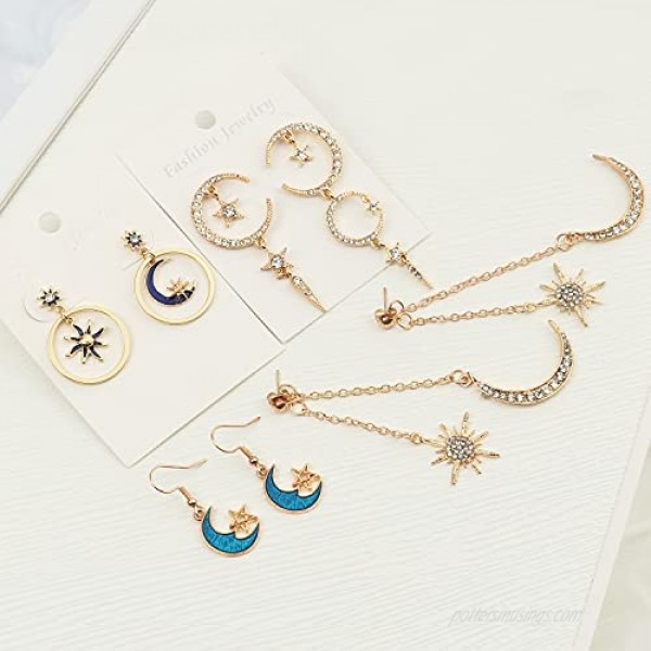 4 Pairs Moon And Star Earrings Sun And Moon Drop Earrings Celestial Space Earrings With Asymmetrical Design Earrings Jewelry for Women Girls
