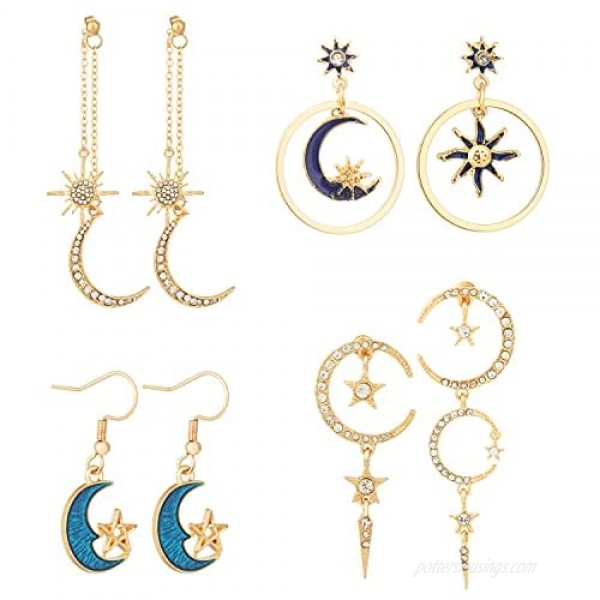 4 Pairs Moon And Star Earrings Sun And Moon Drop Earrings Celestial Space Earrings With Asymmetrical Design Earrings Jewelry for Women Girls