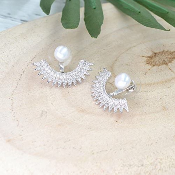 5mm Pearl Stud Front-Back Micropave Jacket Earrings Platinum Plated
