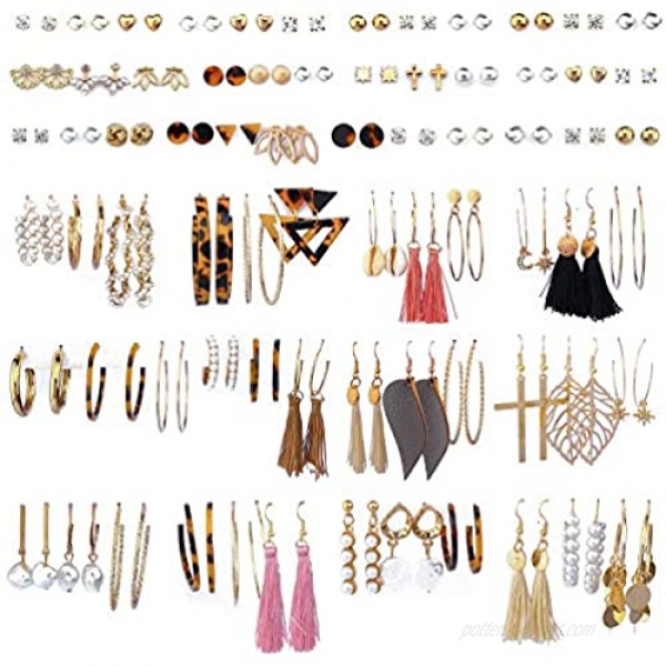 72 Pairs Fashion Colorful Earrings Set with Bohemian Tassel Earrings Layered Ball Dangle Leopard Hoop Stud Jacket Earrings for Women Girls Jewelry Fashion and Valentine Birthday Party Gift