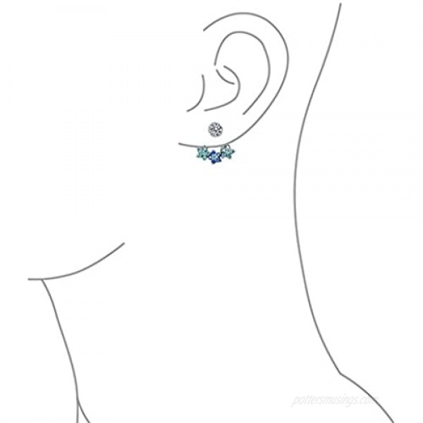 Aqua Blue Cubic Zirconia Flower Fan CZ Ear Back Front Stud Jacket Earrings For Women For Teen 925 Sterling Silver