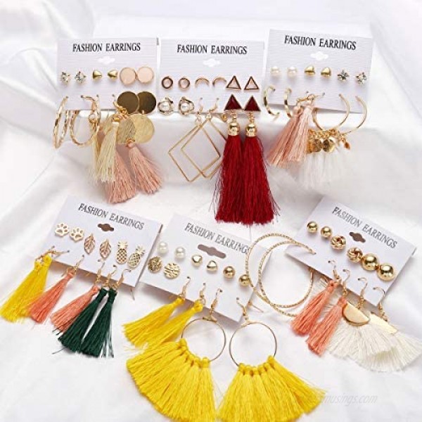 AROIC 93 Pairs Colorful Earrings with Tassel Earrings Layered Ball Dangle Hoop Stud Jacket Earrings for Women Girls Jewelry Fashion and Valentine Birthday Party Gift.