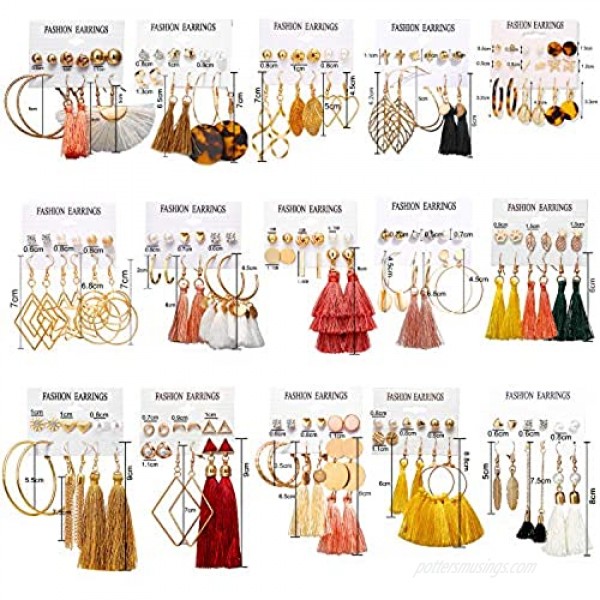 AROIC 93 Pairs Colorful Earrings with Tassel Earrings Layered Ball Dangle Hoop Stud Jacket Earrings for Women Girls Jewelry Fashion and Valentine Birthday Party Gift.