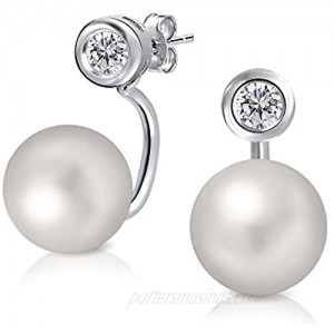 Bridal Front Back Ear White Simulated Pearls Jacket Bezel Stud Earrings For Women 925 Sterling Silver