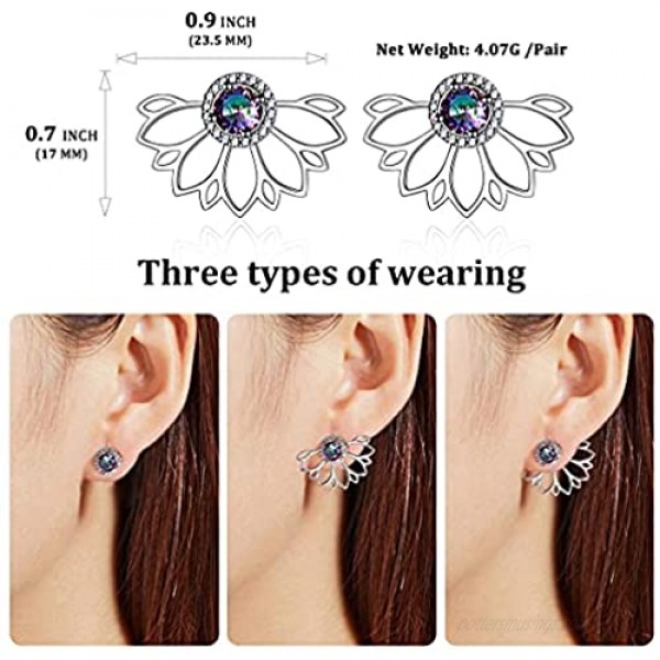 ChicSilver 925 Sterling Silver Lotus Flower Colorful Topaz Ear Jacket Front and Back Stud Earrings for Women (with Gift Box)