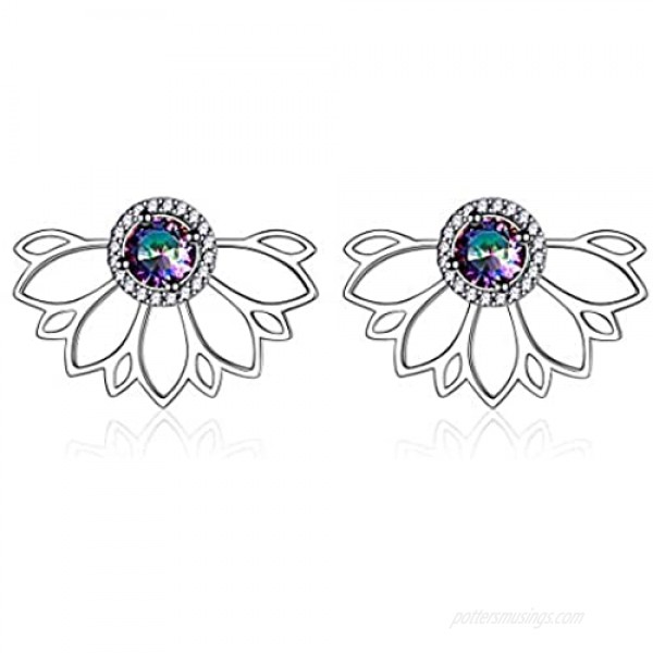 ChicSilver 925 Sterling Silver Lotus Flower Colorful Topaz Ear Jacket Front and Back Stud Earrings for Women (with Gift Box)