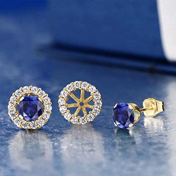 Gem Stone King 1.49 Ct Round Blue Created Sapphire Yellow Gold Plated Silver Studs with Jackets