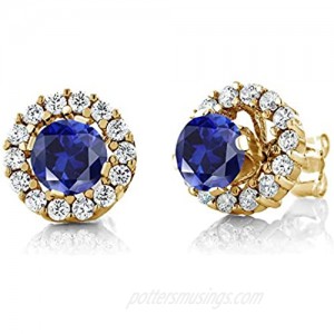 Gem Stone King 1.49 Ct Round Blue Created Sapphire Yellow Gold Plated Silver Studs with Jackets