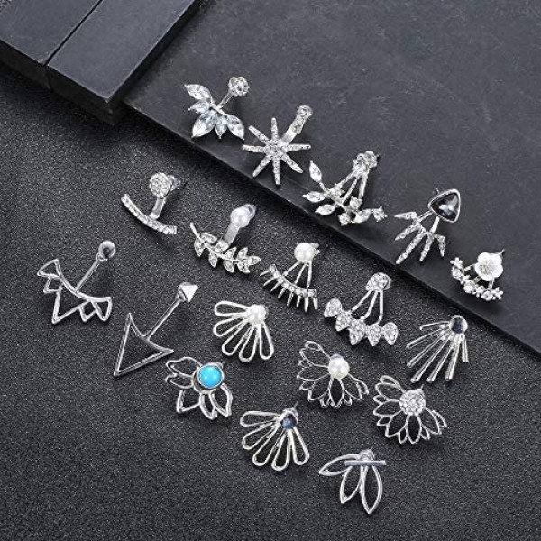 Jstyle 18 Pairs Lotus Flower Earrings Jackets for Women Studs Earring CZ Pearl Stud Earrings Hollow Chic Earrings Set