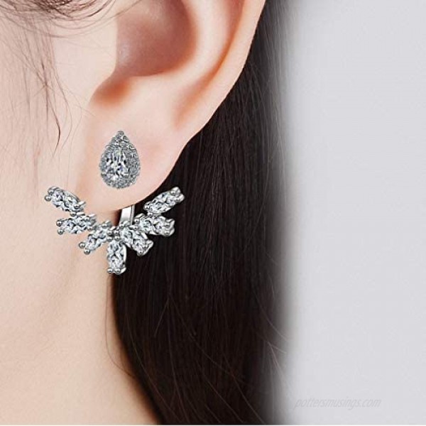 megko Ear Climbers Earrings for Women Jacket Earring Silver Dangle Tear Drop CZ Front Back Earring Bridal Jewelry