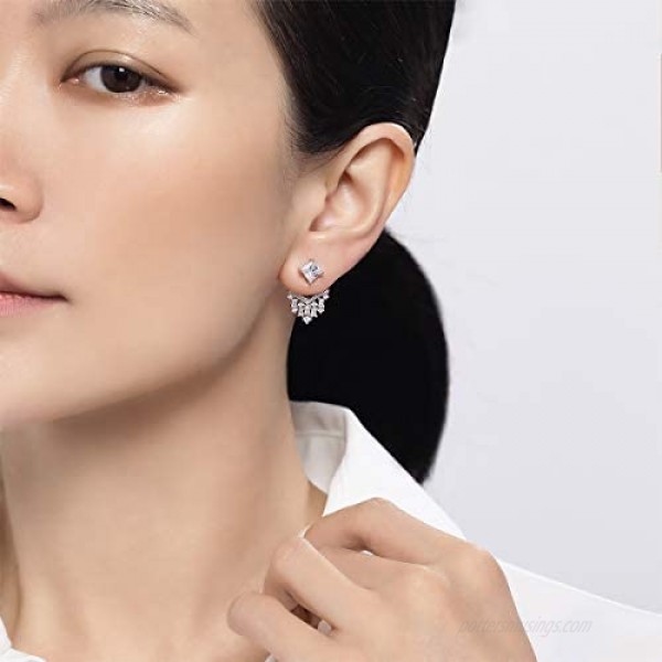 MISS MIMI Cubic Zirconia Earrings Fashion Earrings with Rhodium Plating Front Ear Jacket and Back Stud Earrings 2 in 1 Ear Cuffs Stud Earring “Art Deco” Earrings